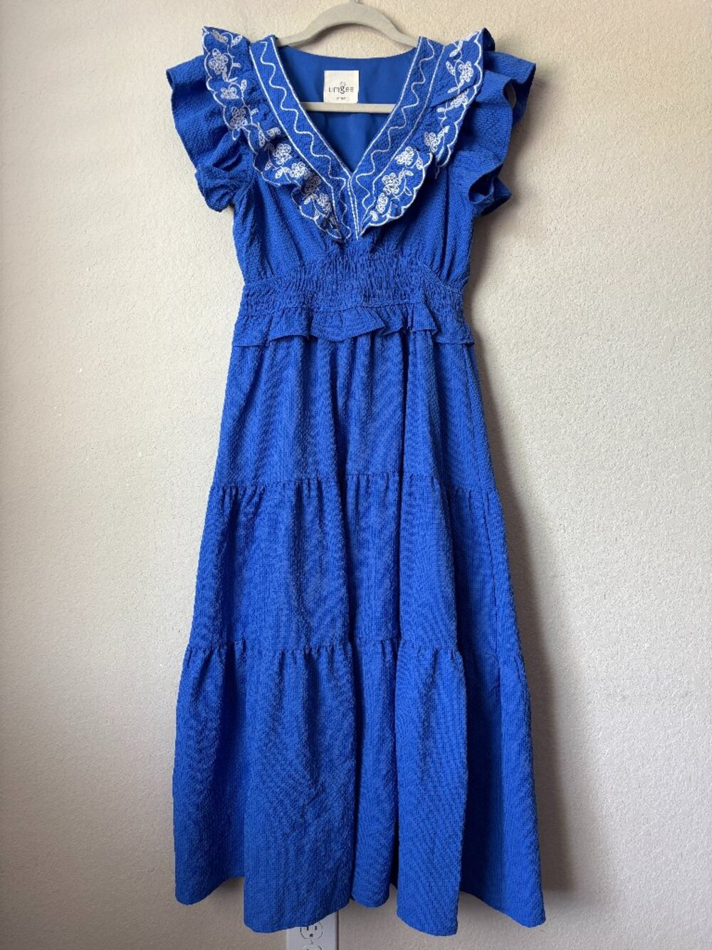 Umgee Boho Embroidered Stitch Detail Tiered Feminine Midi Dress in Ocean